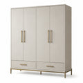 Armadio in legno a quattro ante con cassetti, beige e oro