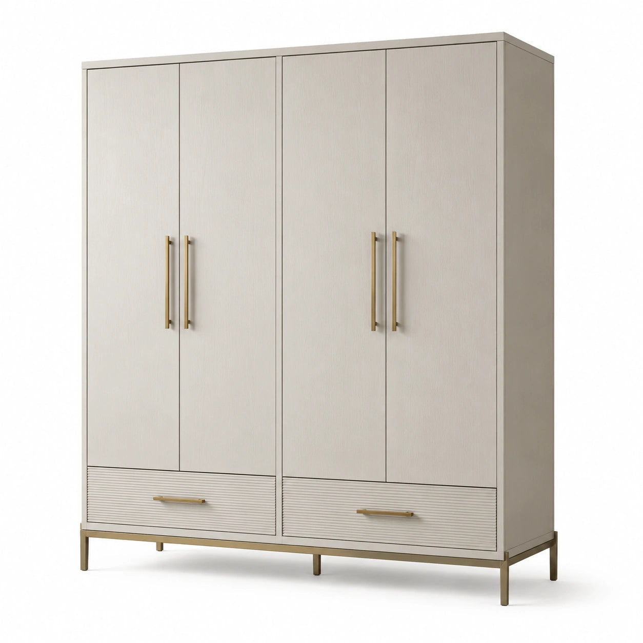 Armadio in legno a quattro ante con cassetti, beige e oro