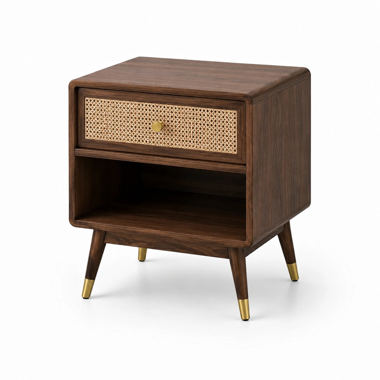 Comodino in Legno di Noce con Cassetto in Rattan