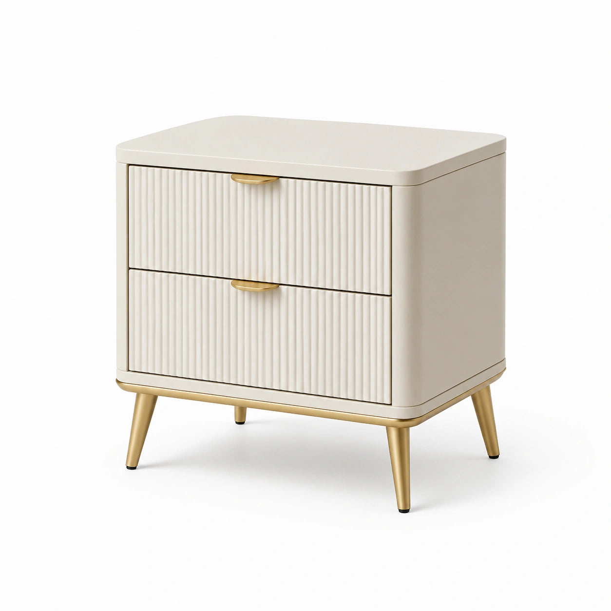 Comodino in Legno a Due Cassetti con Gambe in Metallo Dorato