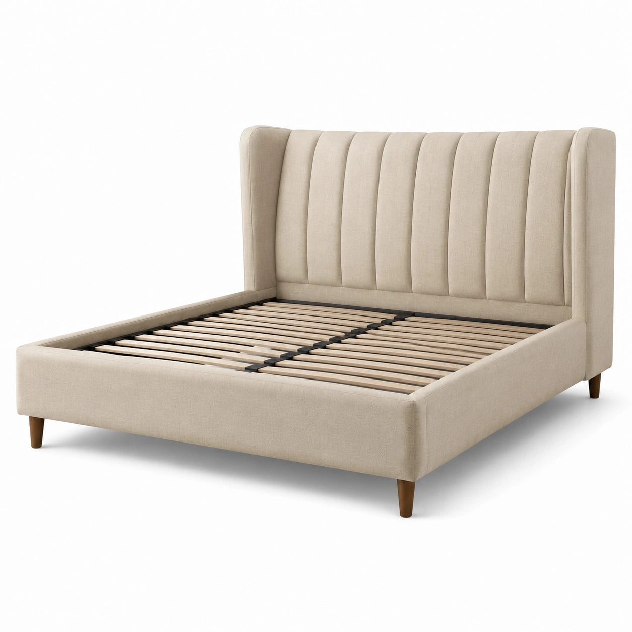Letto matrimoniale in tessuto beige con struttura in legno 200x160 cm