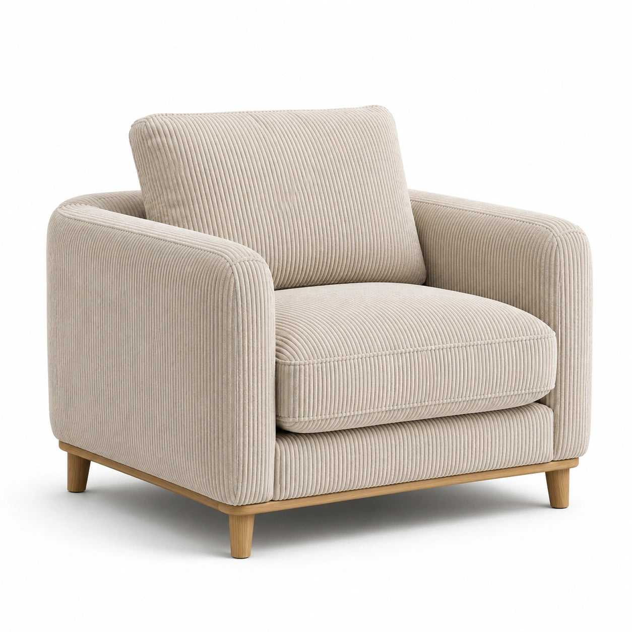 Poltrona in Velluto a Coste Beige con Gambe in Legno