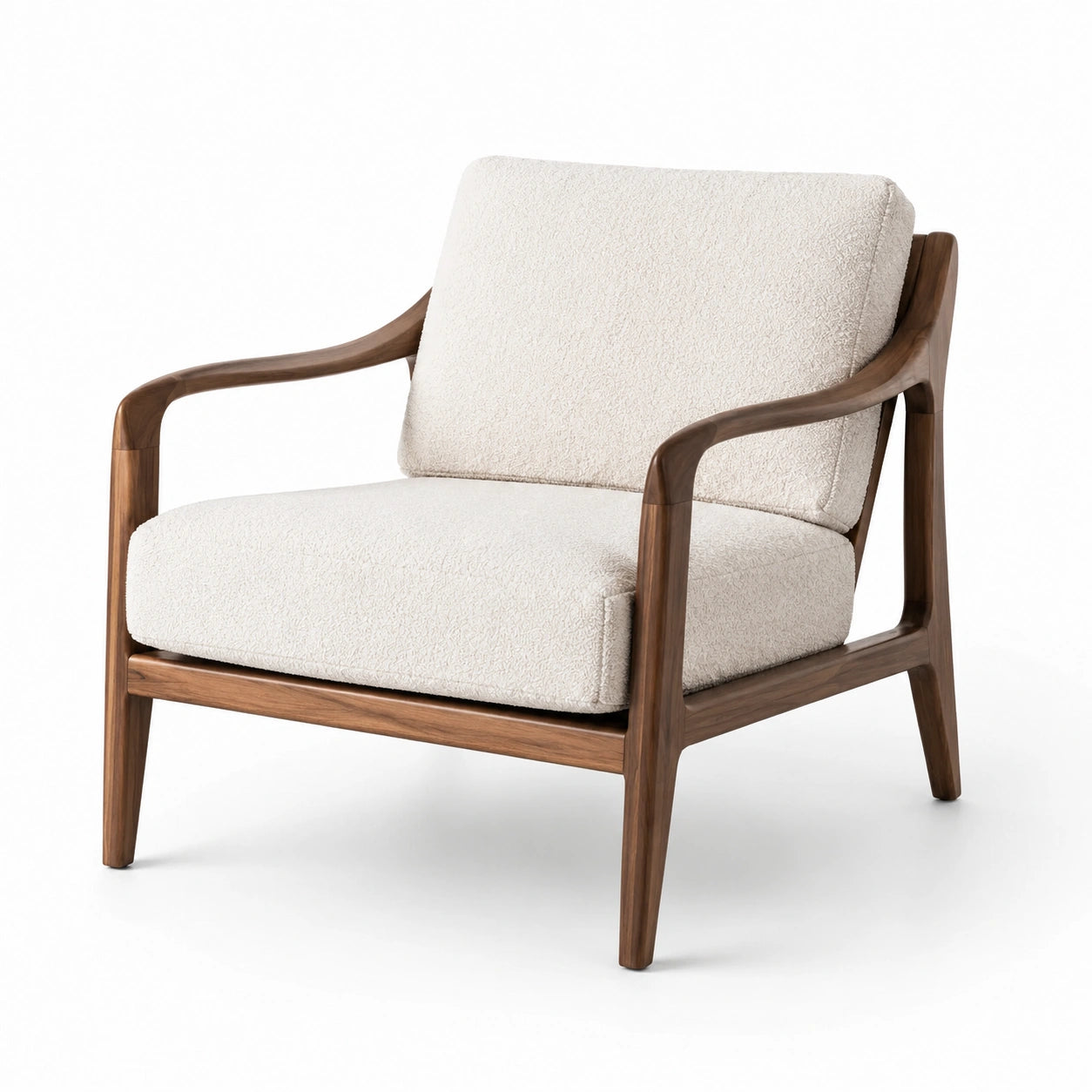 Poltrona in legno massello e tessuto boucl¨¦ crema