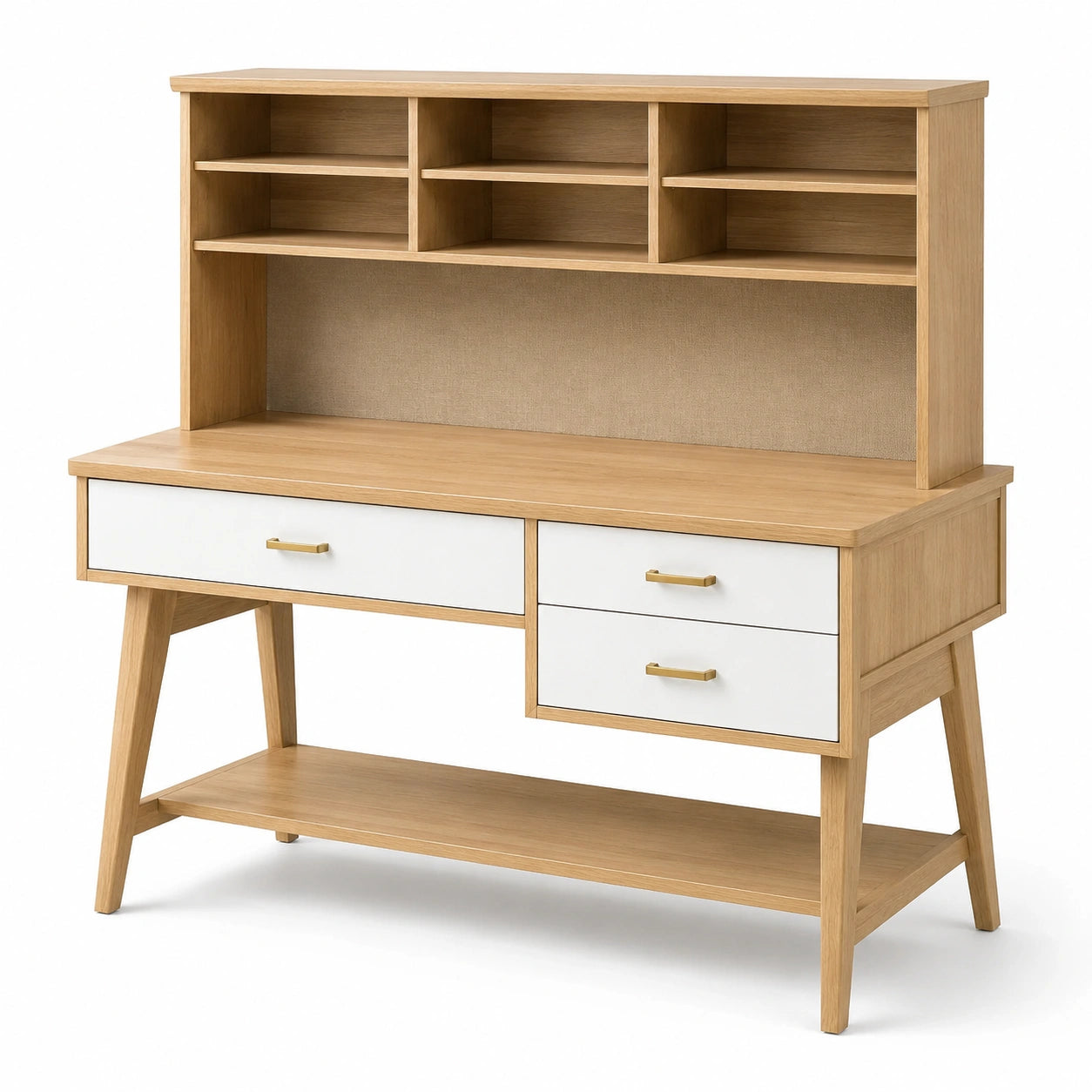 Scrivania in legno e MDF con cassetti bianchi e scaffale