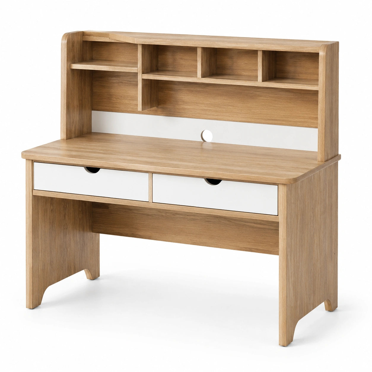 Scrivania in legno di rovere con scaffalatura e cassetti bianchi