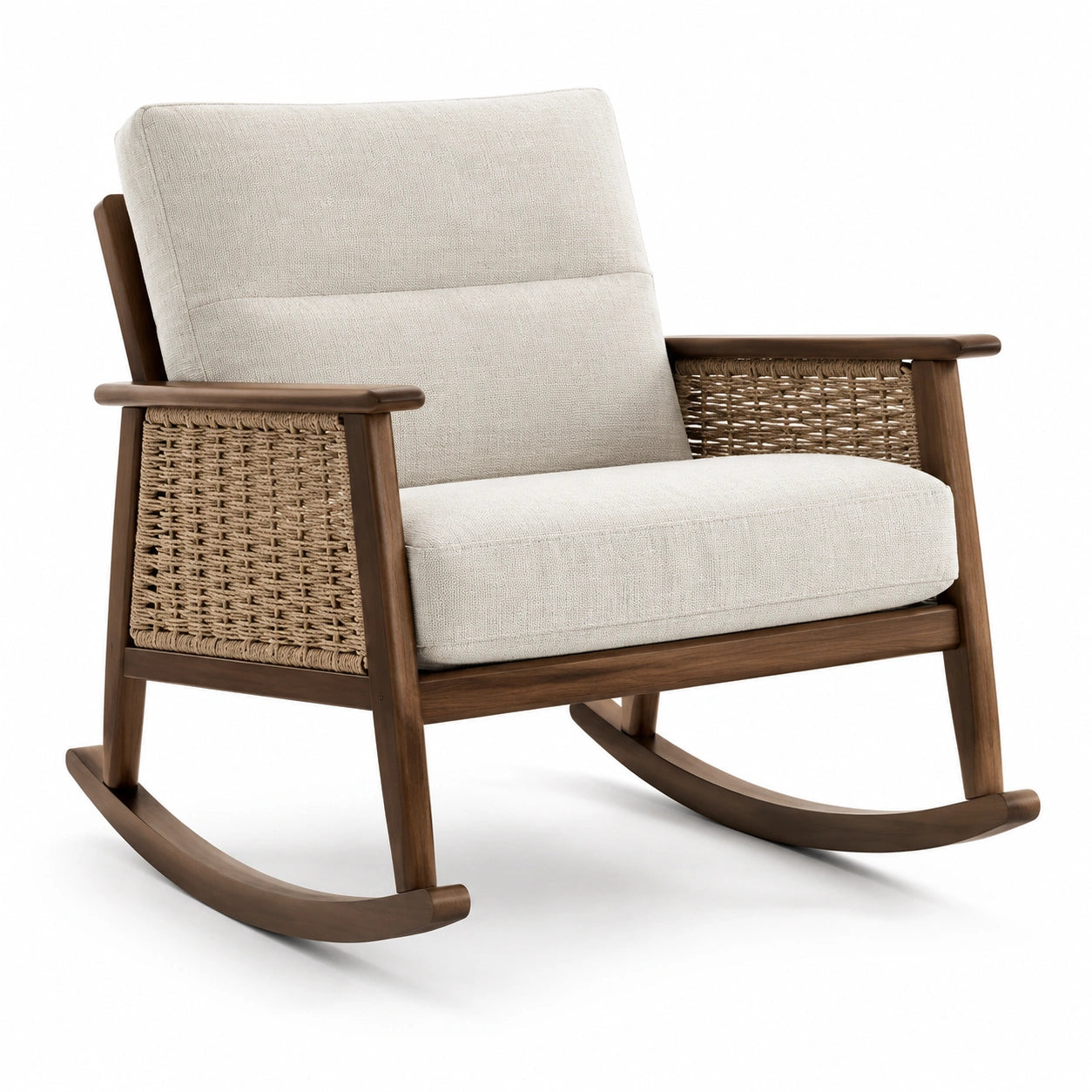 Poltrona a dondolo in tessuto boucl¨¦ crema con gambe in legno e metallo